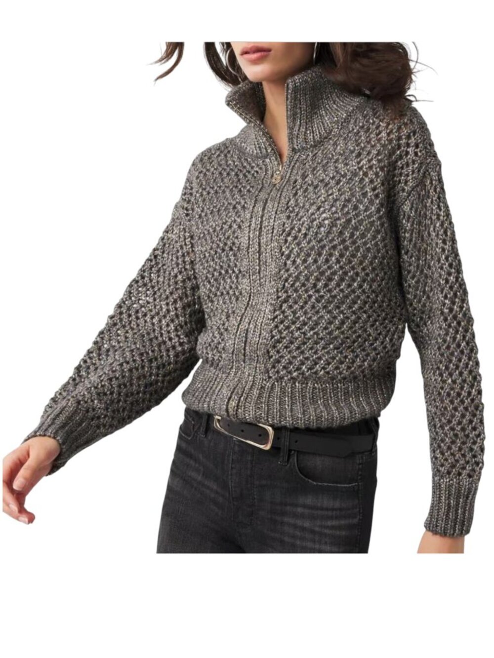 NWT White House Black Market Metallic Open Stitch Zip Cardigan XS